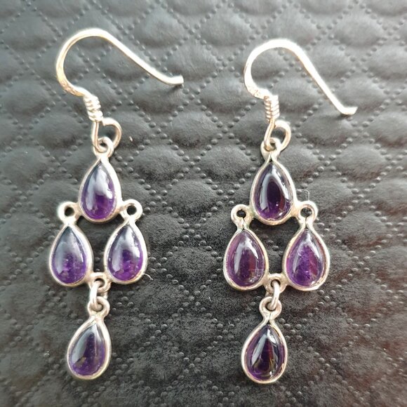 Gorgeous Vintage Victorian 8ct Natural Amethyst Cabochon Chandelier Earrings - Picture 7 of 11